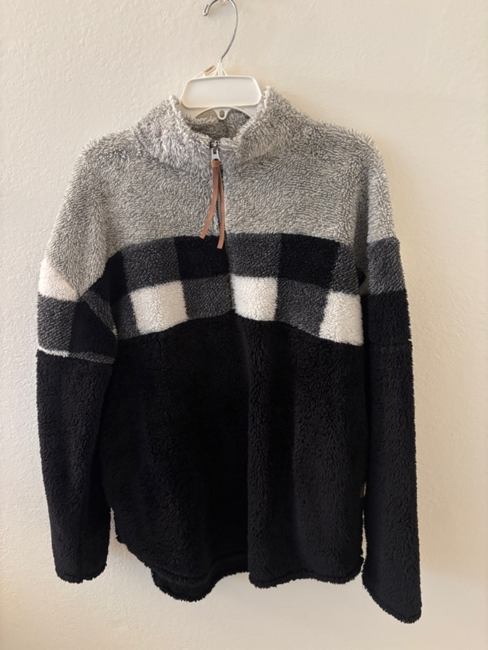 Maurices Black, Gray and White Plaid Yoke Sherpa Half-Zip Pullover